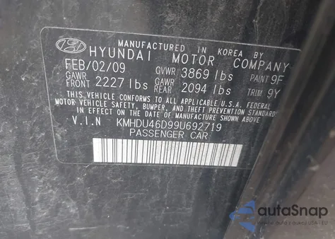 2009 Hyundai Elantra Se from USA, damaged, VIN KMHDU46D99U692719